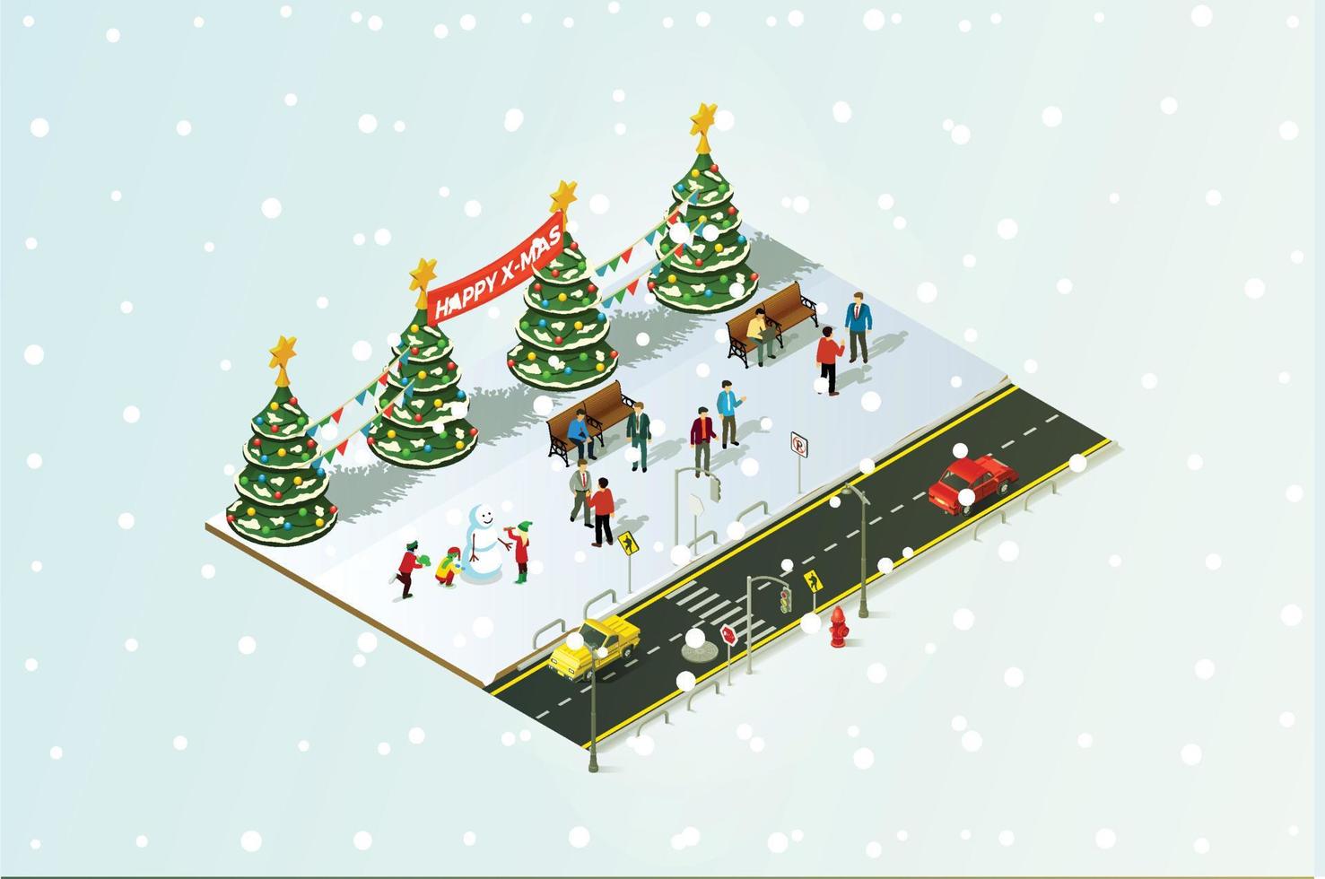 Isometric illustrationHappy people gather together and celebrate Christmas around the tree under the snow, Suitable for Diagrams, Infographics, Book Illustration, And Other Graphic Related Assets vector