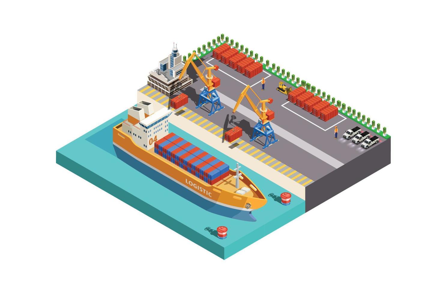 Modern Vector isometric or infographic element representing cargo port with cranes loading containers on the container ship, forklifts.  Suitable for Infographics,  And Other Graphic Related Assets