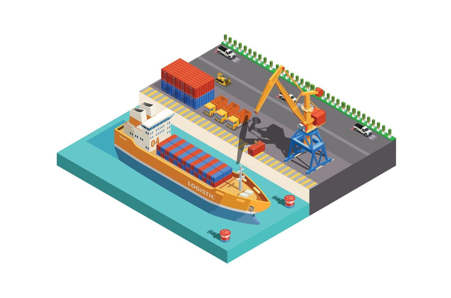 Modern Vector isometric or infographic element representing cargo port with cranes loading containers on the container ship, forklifts.  Suitable for Infographics,  And Other Graphic Related Assets