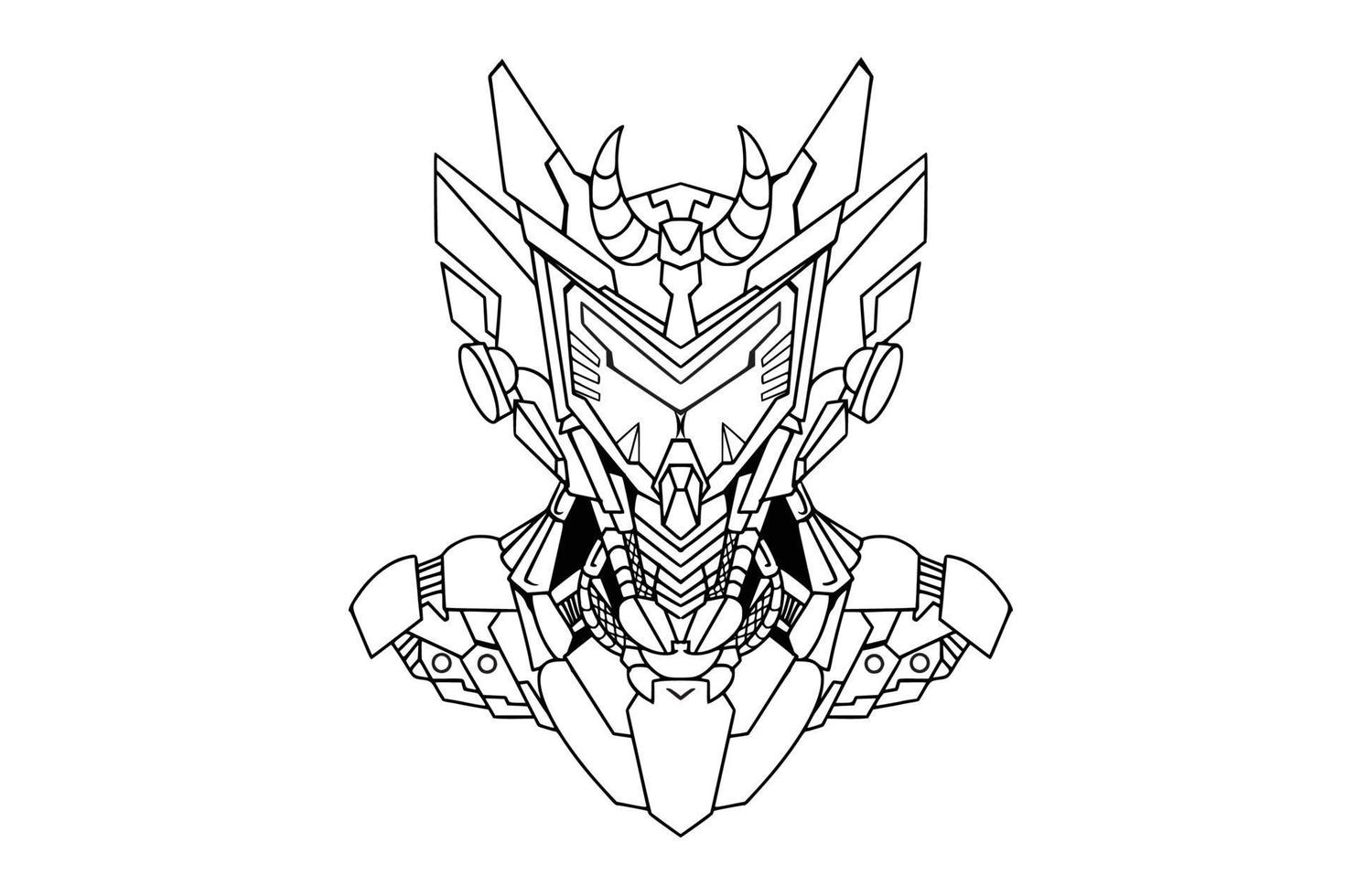 Hand drawing illustration of black white horned skull head oni samurai graphics with mechanical robot body vector