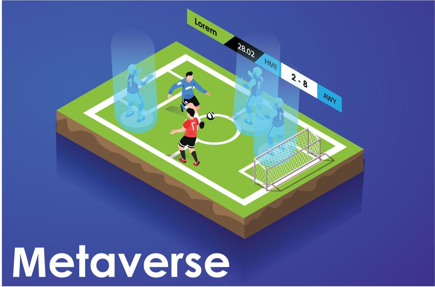 juego de fútbol isométrico moderno en la ilustración del metaverso del mundo virtual, fuente editable 10 eps, adecuado para diagramas, infografías y otros activos relacionados con gráficos vector