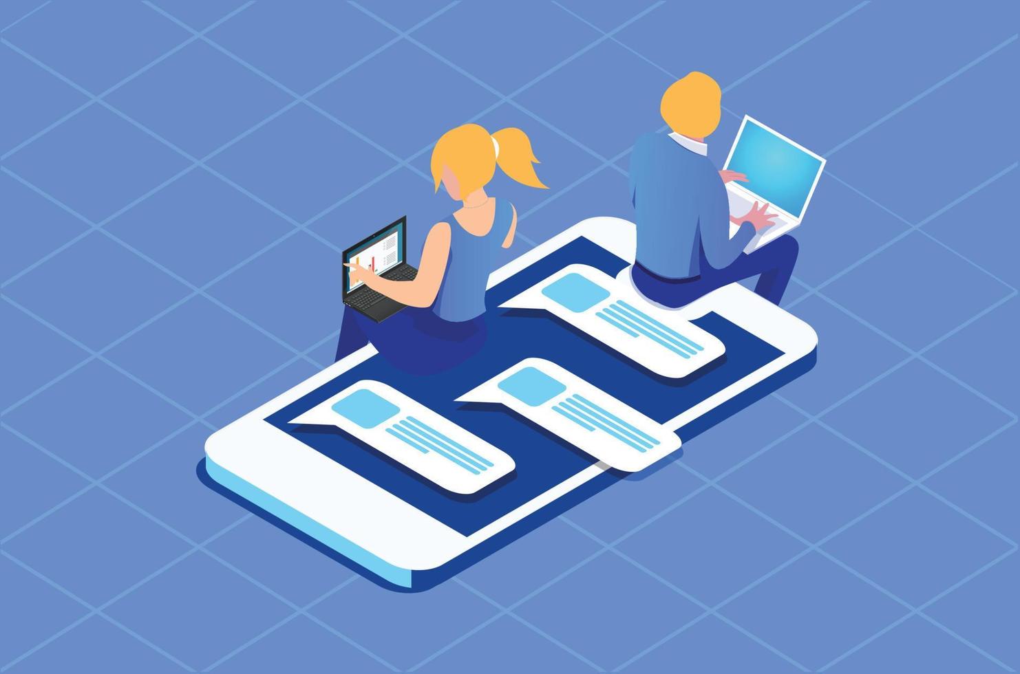 Isometric customer service Illustration in Blue Isolated Background With People and Digital Related Asset vector