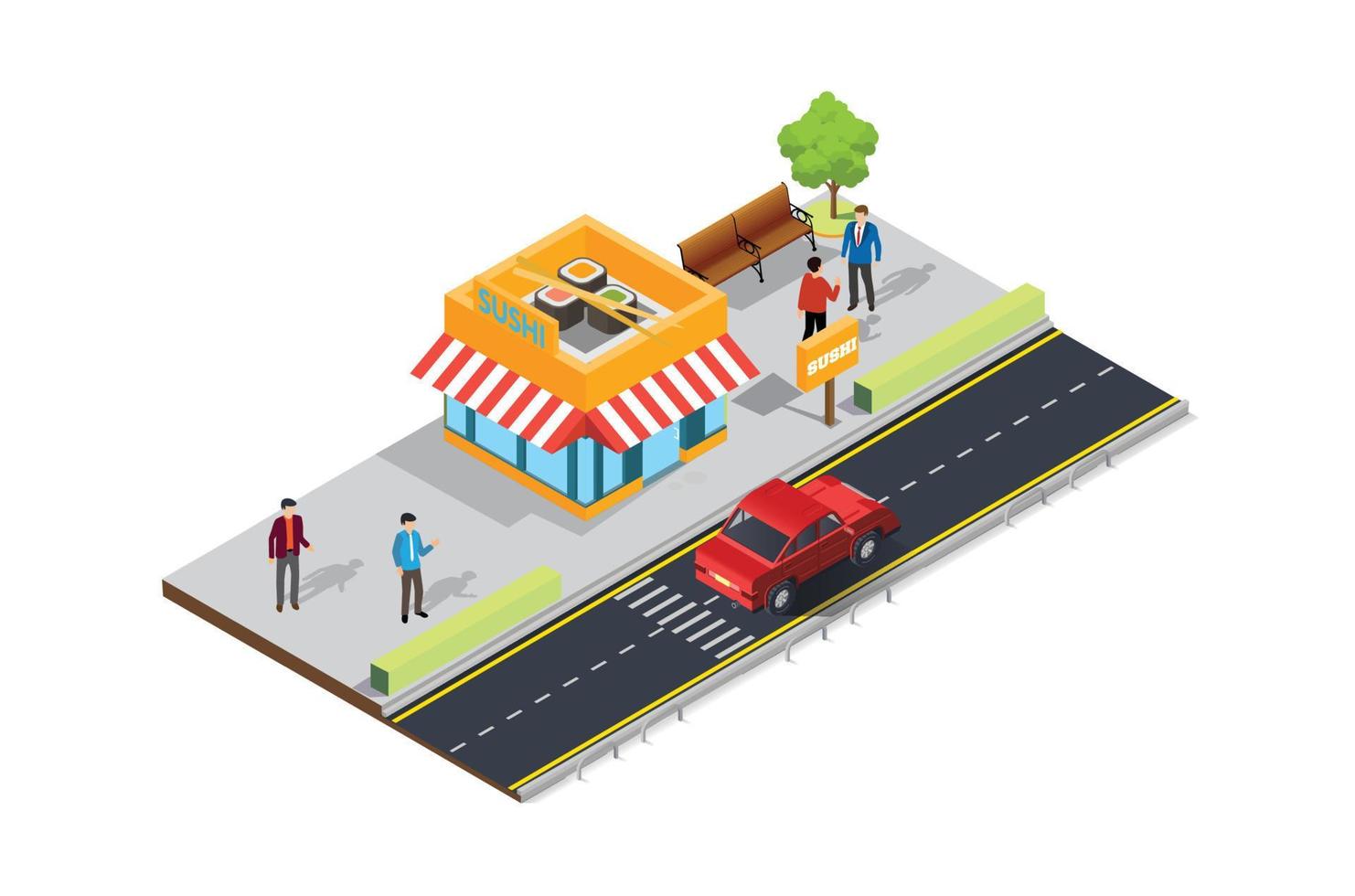 Modern isometric Street food cafe on the sidewalk. Vector Isometric Illustration Suitable for Diagrams, Infographics, And Other Graphic assets