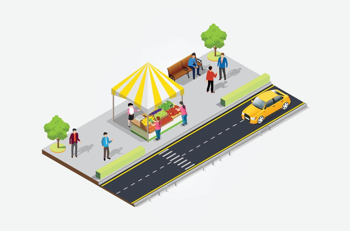 Isometric Street food cafe tent with busy shoppers on the sidewalk. Suitable for Diagrams, Infographics, And Other Graphic asset vector