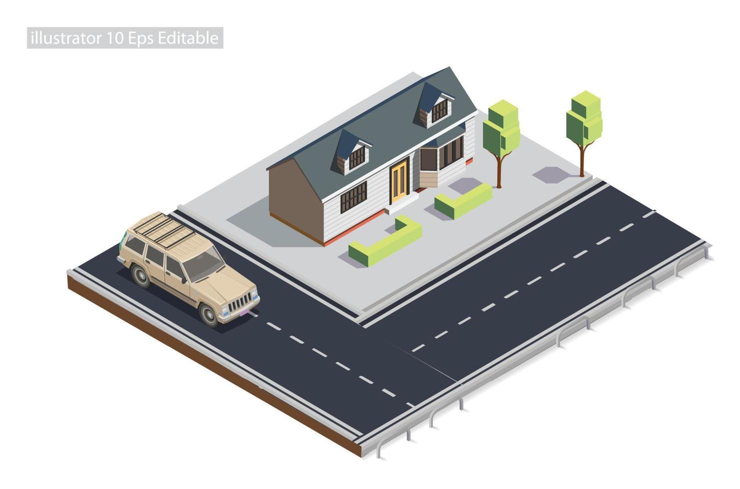 mansión isométrica al borde de la carretera en la acera editable en 10 eps. ilustración isométrica vectorial perfecta para diagramas, infografías y otros activos gráficos vector