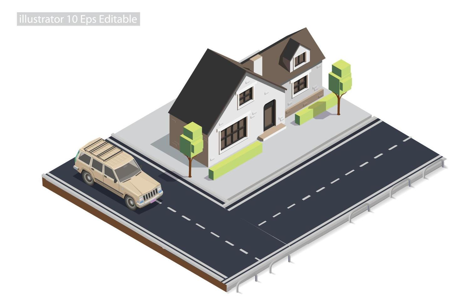 mansión isométrica al borde de la carretera en la acera editable en 10 eps. ilustración isométrica vectorial perfecta para diagramas, infografías y otros activos gráficos vector