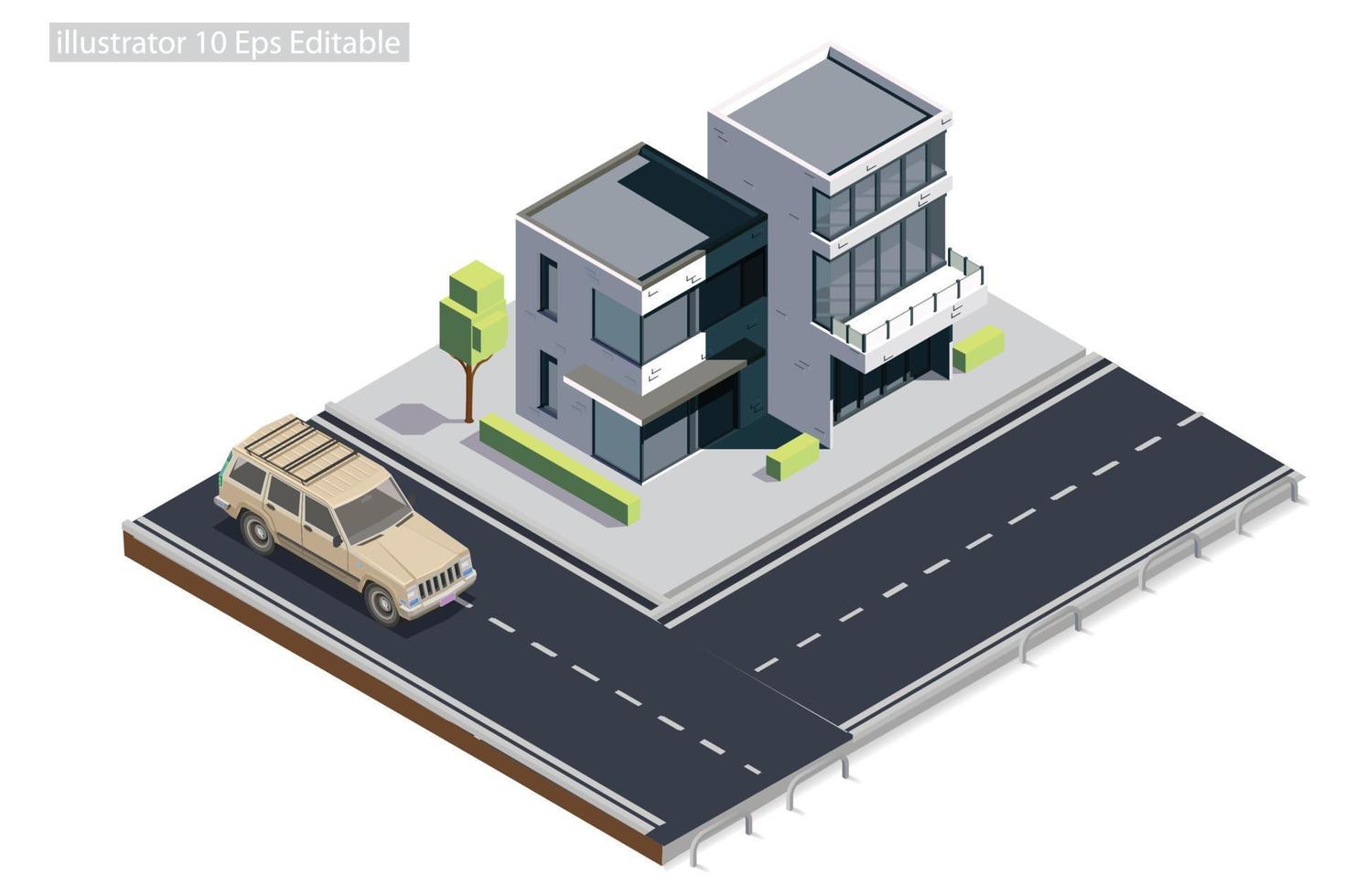 mansión isométrica al borde de la carretera en la acera editable en 10 eps. ilustración isométrica vectorial perfecta para diagramas, infografías y otros activos gráficos vector