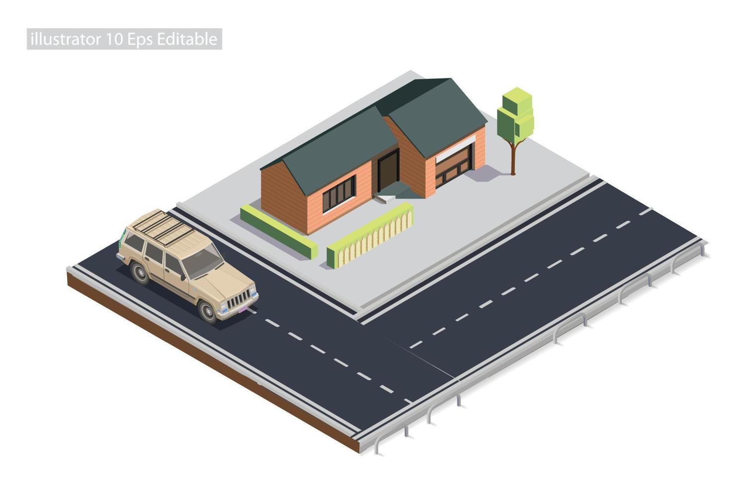 mansión isométrica al borde de la carretera en la acera editable en 10 eps. ilustración isométrica vectorial perfecta para diagramas, infografías y otros activos gráficos vector