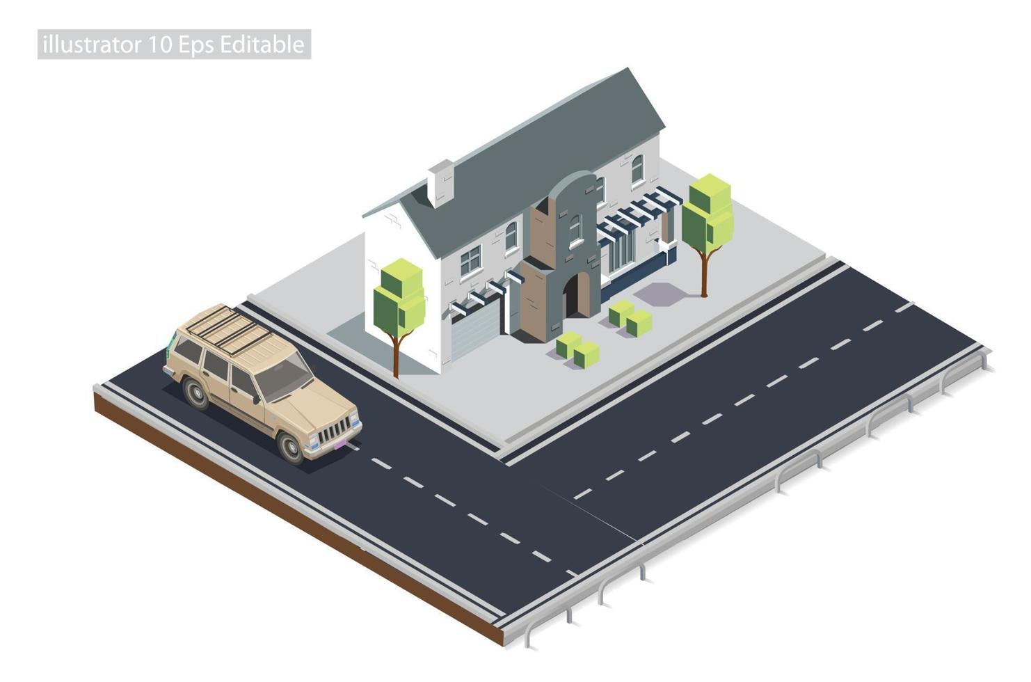 mansión isométrica al borde de la carretera en la acera editable en 10 eps. ilustración isométrica vectorial perfecta para diagramas, infografías y otros activos gráficos vector