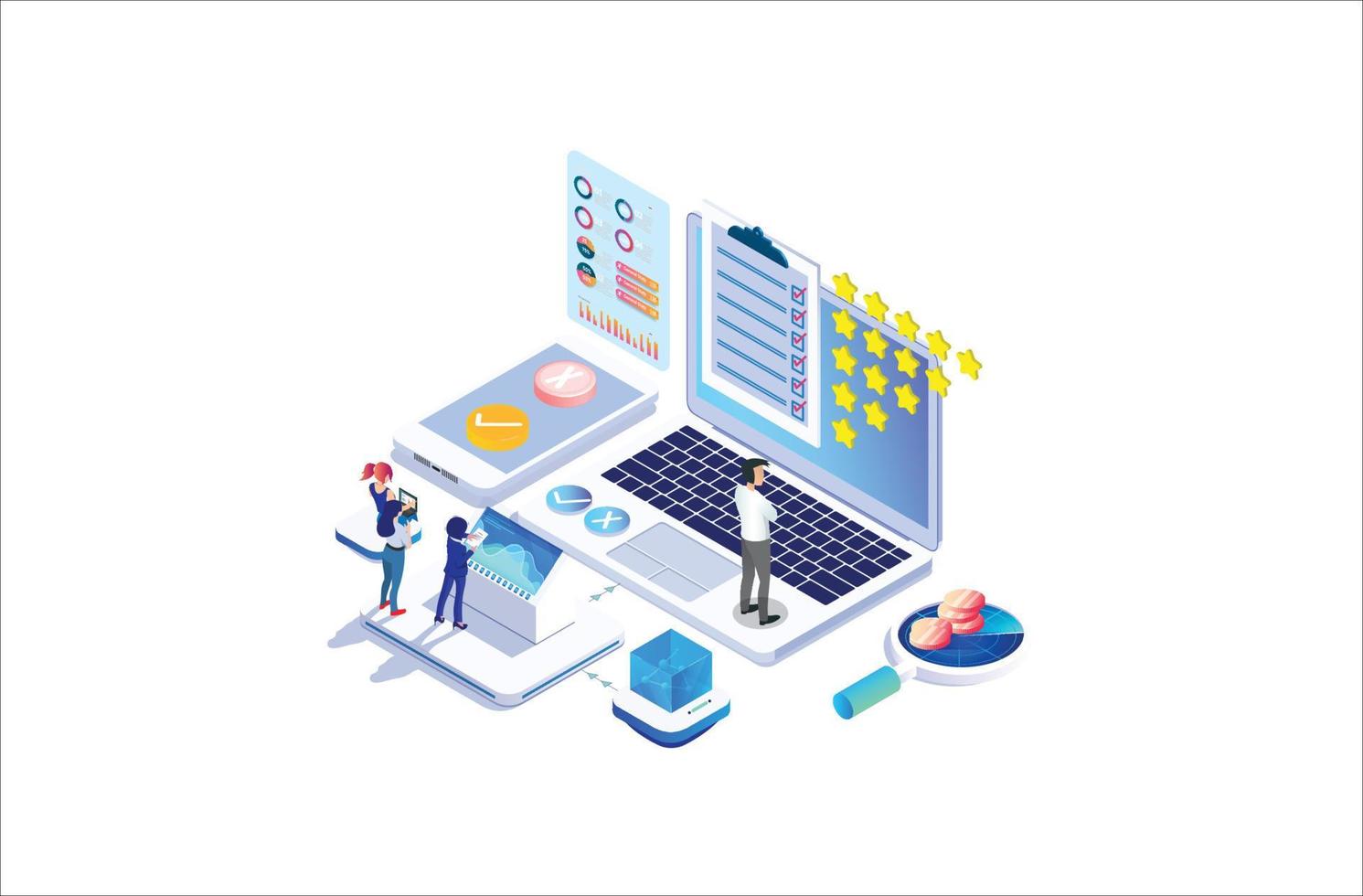 Modern Isometric Online survey concept with rating star bubble for application product services. Suitable for Diagrams, Infographics, Game Asset, And Other Graphic Related Assets vector