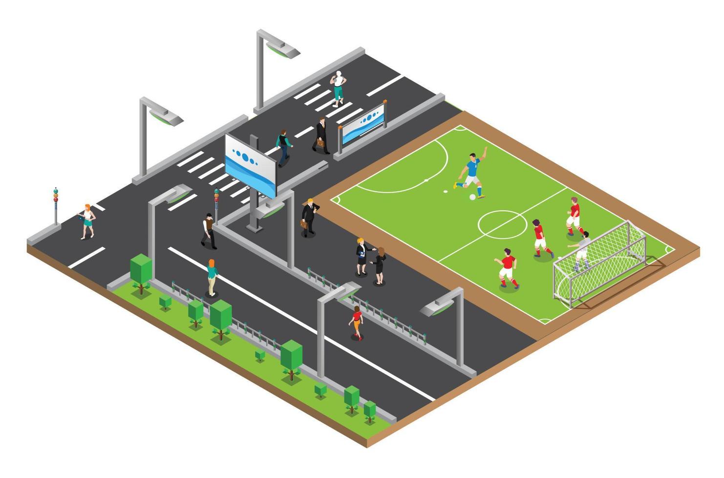 moderno isométrica En Vivo fútbol torneo con calles y estadios ilustración, adecuado para diagramas, infografía, libro ilustración, juego activo, y otro gráfico relacionado bienes vector