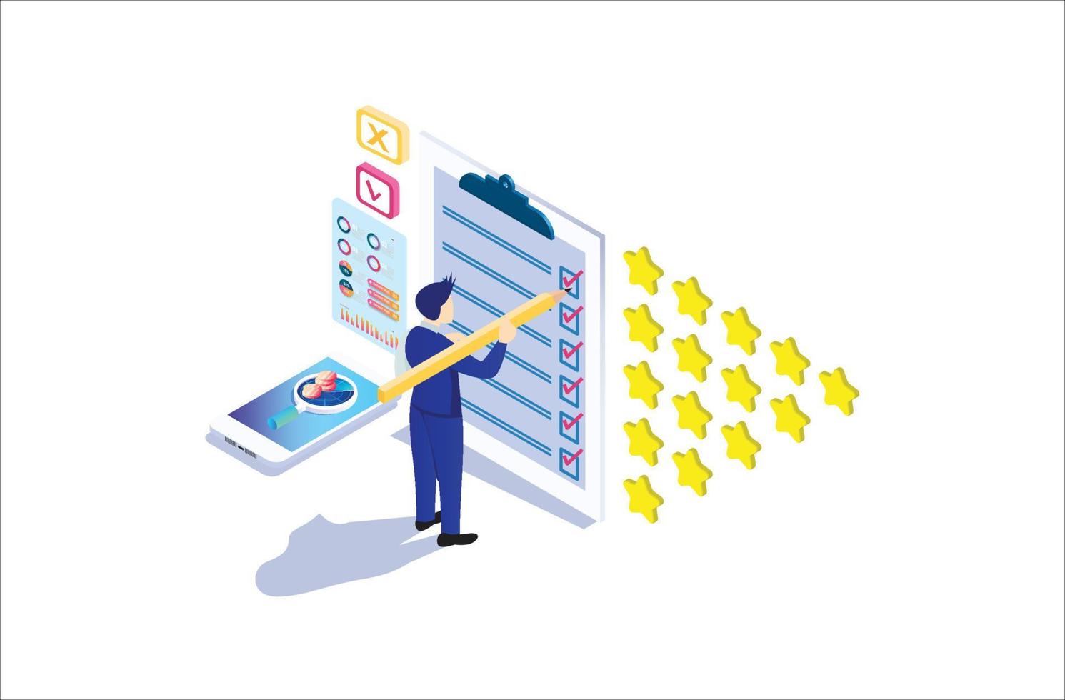 Modern Isometric Online survey concept with rating star bubble for application product services. Suitable for Diagrams, Infographics, Game Asset, And Other Graphic Related Assets vector