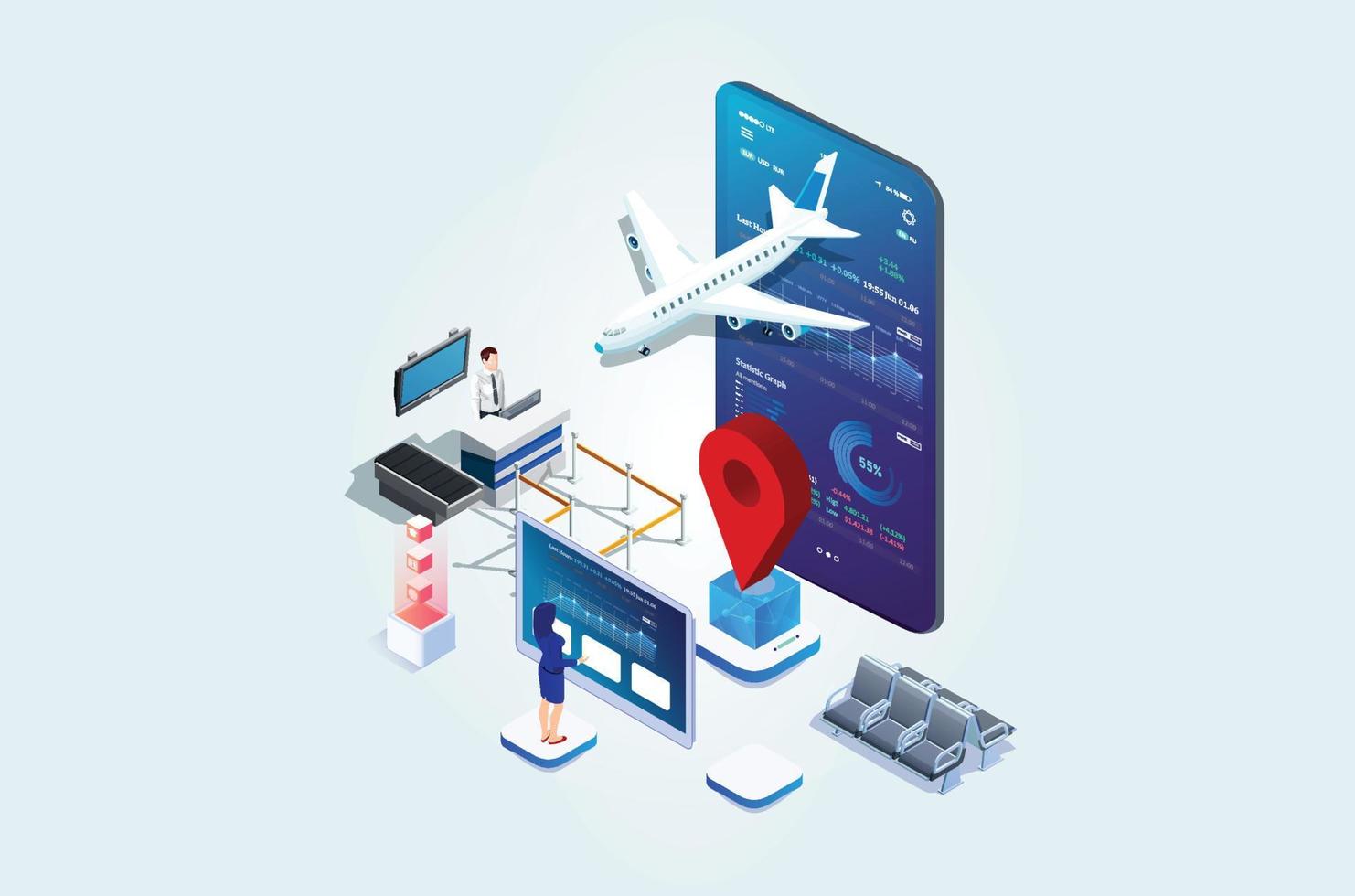 Modern Isometric Online purchase or booking of tickets for an airplane, Travel around the world and countries. Recreation and entertainment. Business trip. Vector isometric illustration