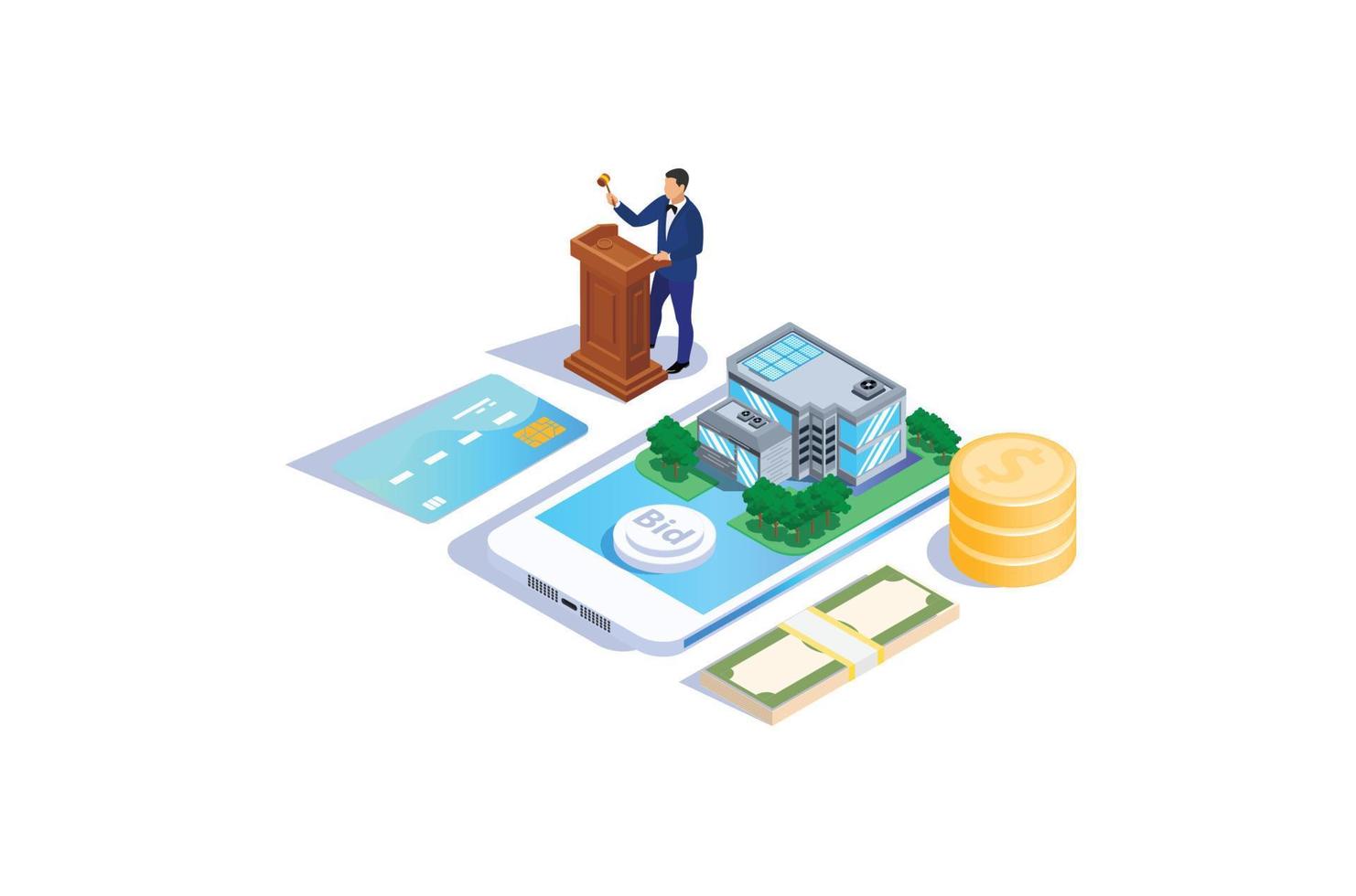 Isometric Online Auction Illustration, Web Banners, Suitable for Diagrams, Infographics, Book Illustration, Game Asset, And Other Graphic Related Assets vector