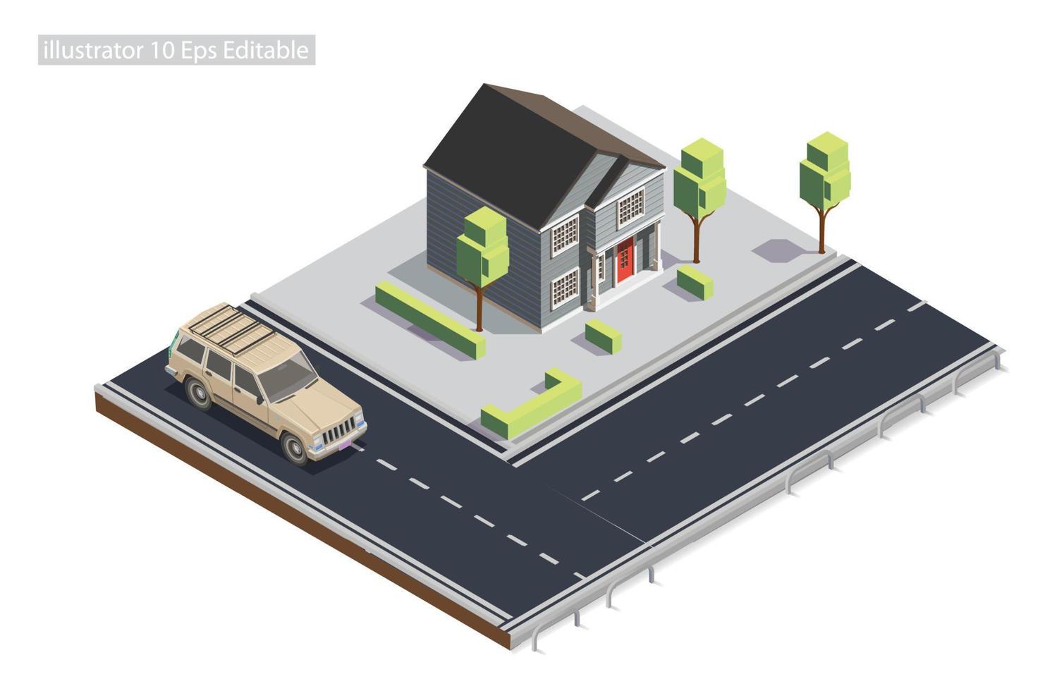 mansión isométrica al borde de la carretera en la acera editable en 10 eps. ilustración isométrica vectorial perfecta para diagramas, infografías y otros activos gráficos vector