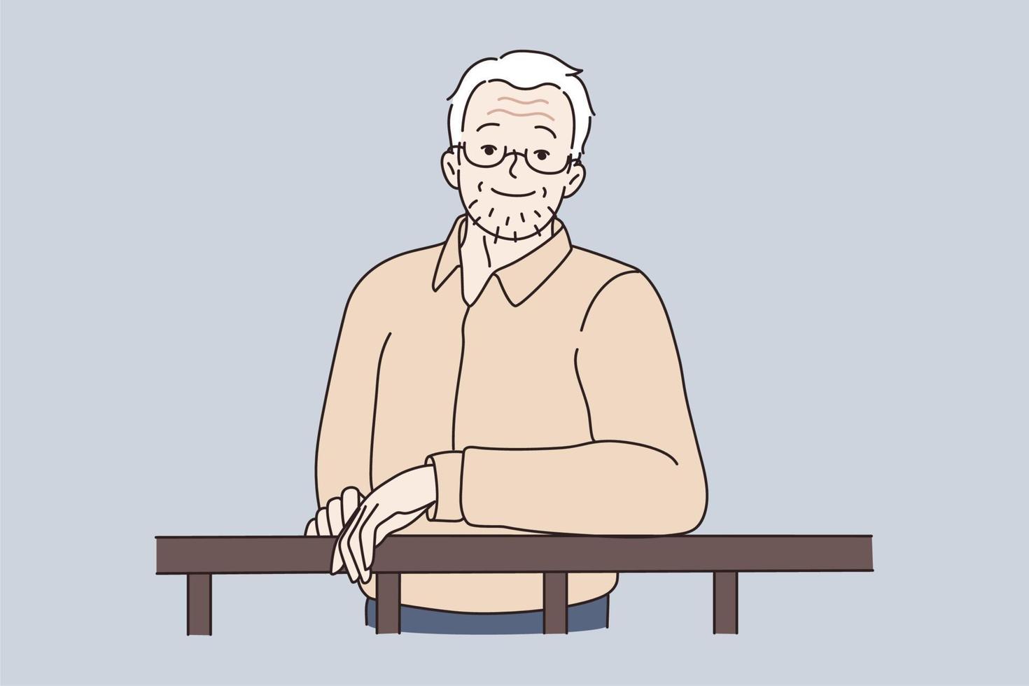 Portrait of happy mature man concept. Smiling unshaven grey haired mature elderly man standing having bristle on face looking at camera vector illustration