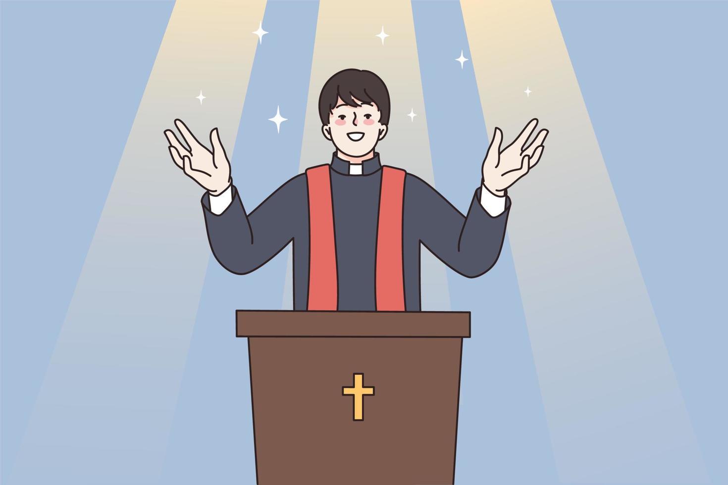 religión, cristiandad y espiritualidad concepto. joven hombre sacerdote en pie y bendición personas en religioso gesto Orando a Dios para mejor espiritual vector ilustración