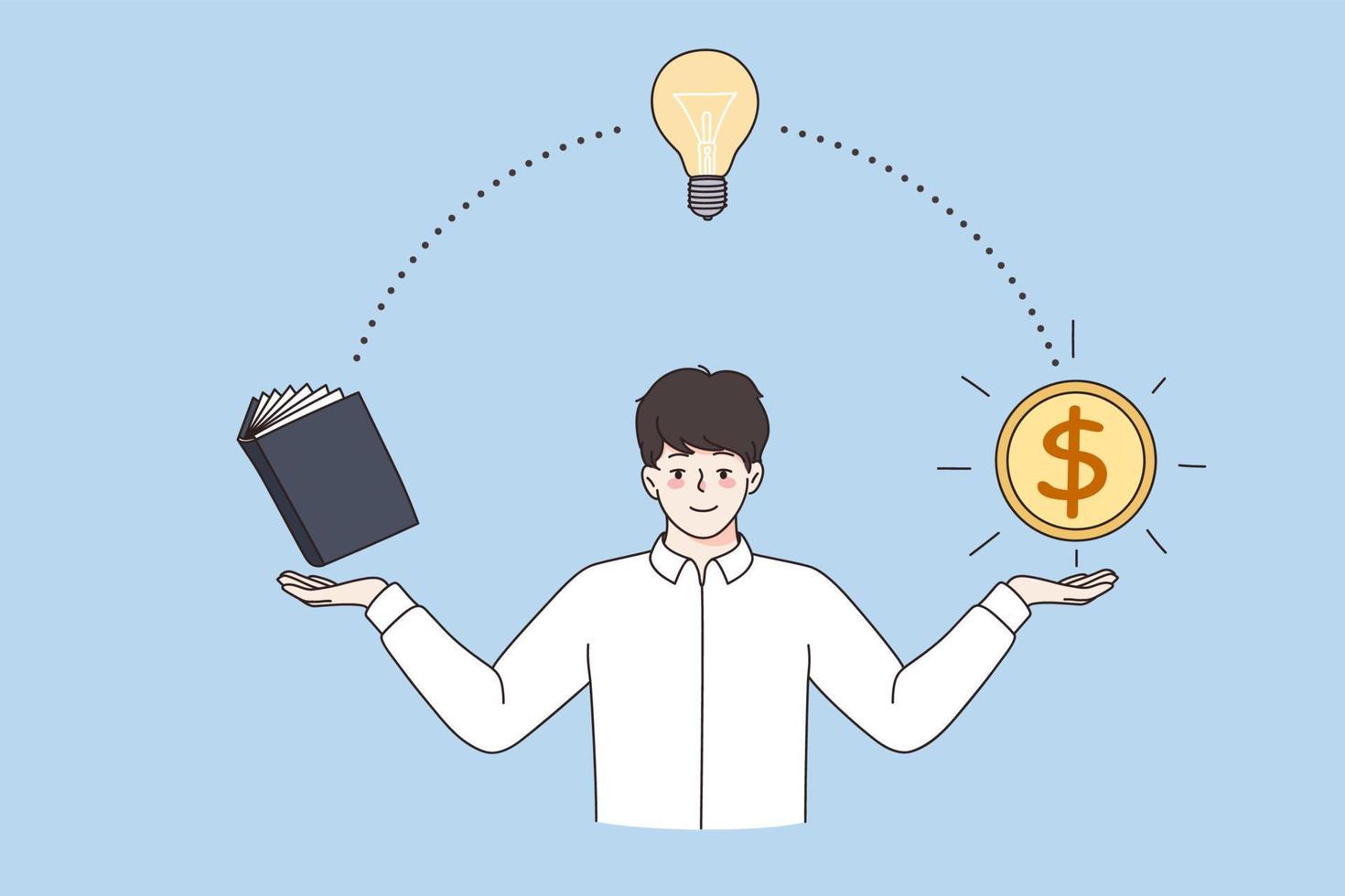 From knowledge to making money concept. Young man worker standing pointing at direction from book to great idea to making income profit vector illustration