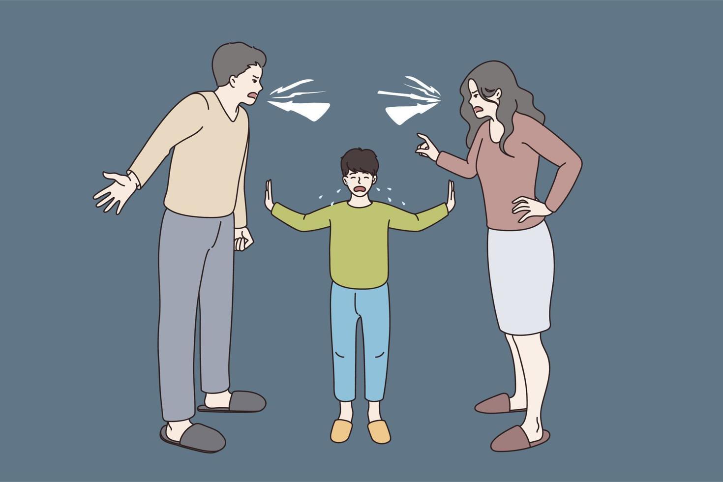 conflicto y lucha en familia concepto. pequeño llorando chico en pie Entre dos gritando enojado padres molesto a comodidad ellos vector ilustración