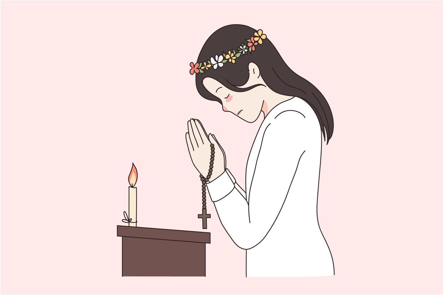 Religion believe in god and spirituality concept. Young woman in wreath standing in church bear candle praying for health pulling in religious gesture spiritual blessing vector illustration