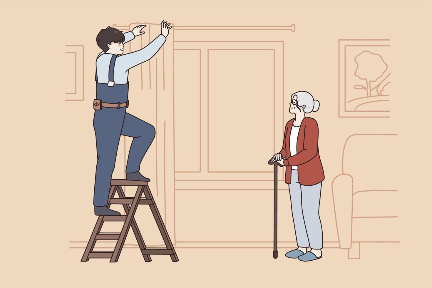 reparando trabajos y ayuda concepto. joven hombre trabajador reparador poniendo cortinas a ventana Ayudar mayor mujer en su Departamento vector ilustración