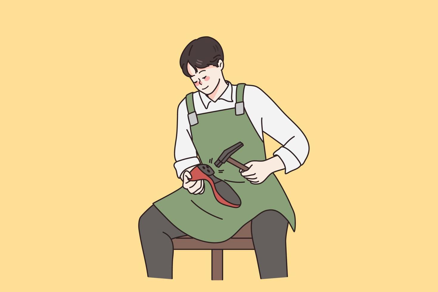 Working in shoe repairing concept. Young man shoemaker sitting repairing female shoe with hammer working over yellow background vector illustration