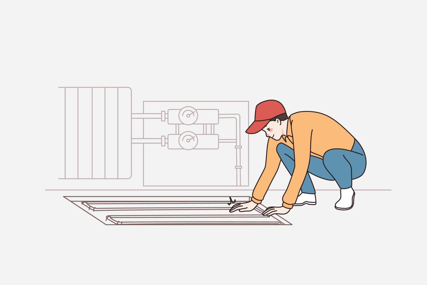 reparando y construcción trabajos concepto. positivo joven trabajador en gorra sentado y haciendo piso para Departamento vector ilustración