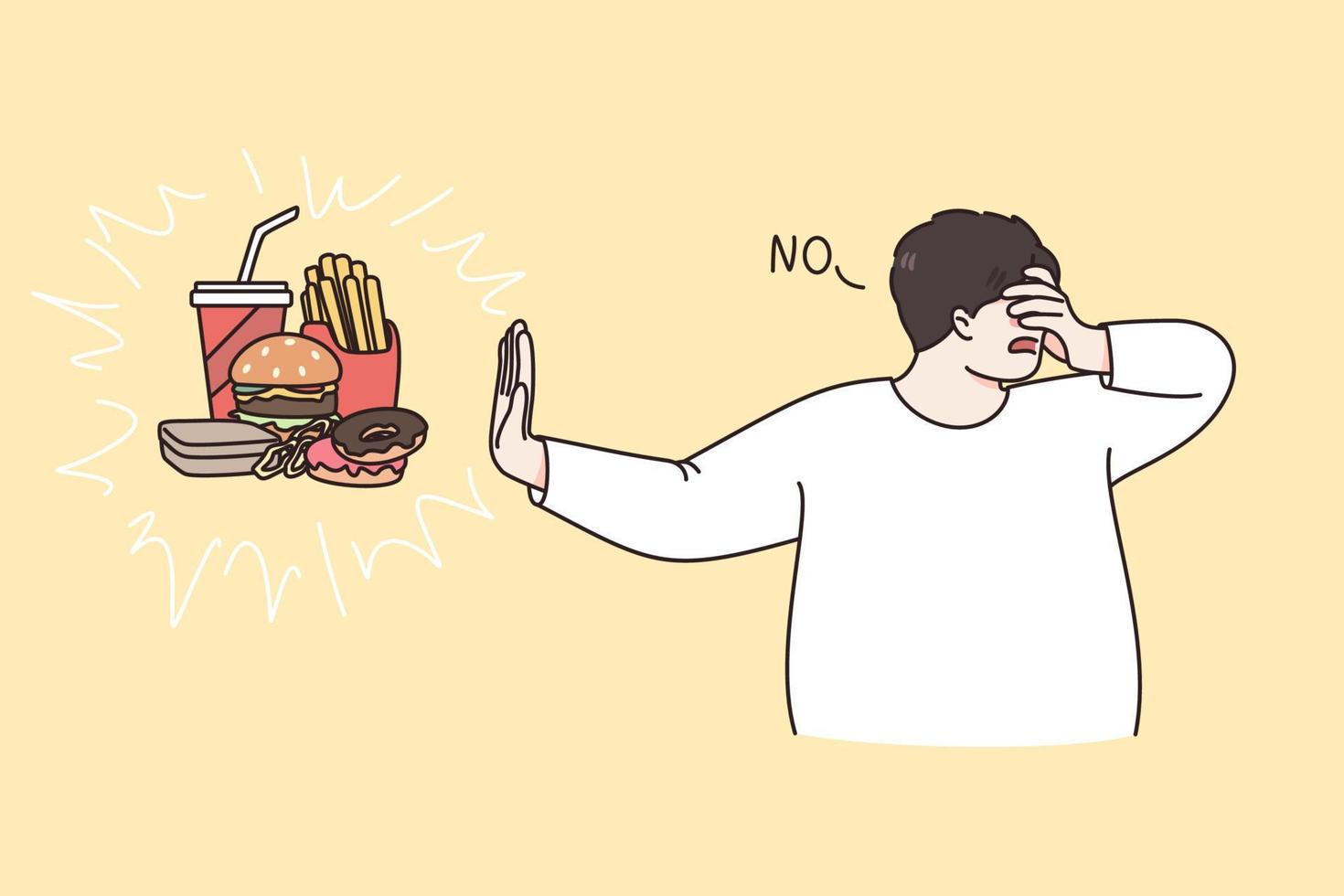 Diet and healthy eating concept. Young man standing and saying no to fast food burgers french fries and drink vector illustration