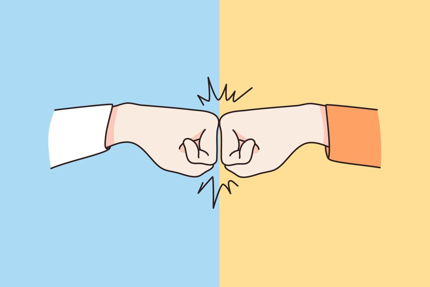 Friendship and mutual support concept. Human fists pulling with each other from both sides blue and yellow vector illustration