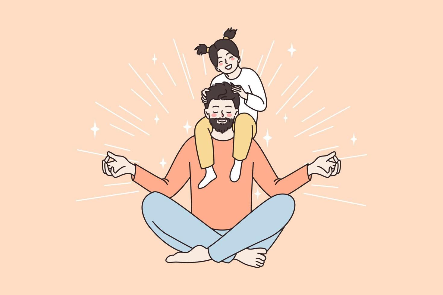 Happy fatherhood and childhood concept. Young smiling father sitting meditating and holding hid little happy daughter on his shoulders vector illustration