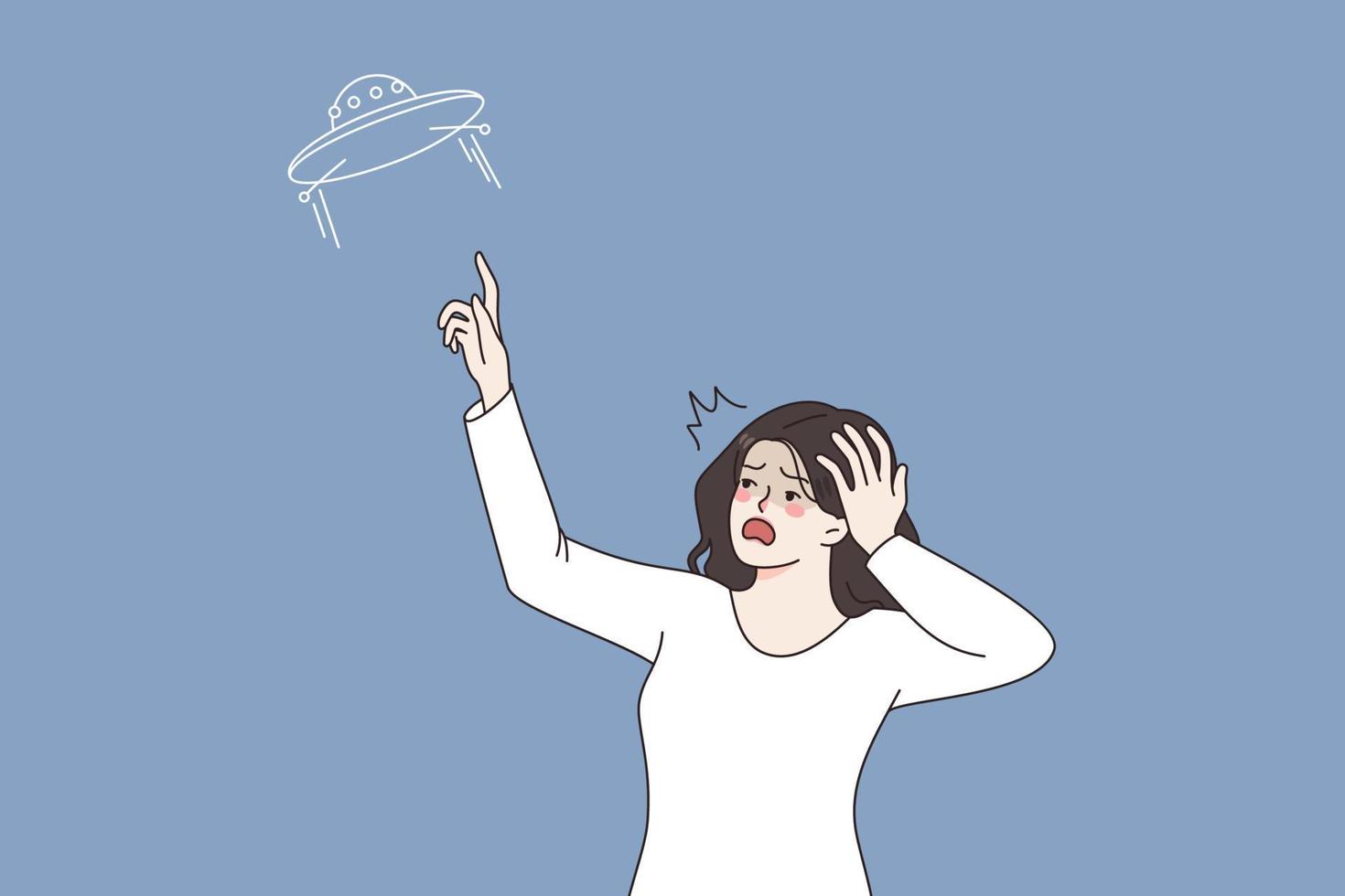 UFO and feeling shocked concept. Young amazed woman standing looking at sky and pointing at ufo ship flying on space feeling surprised and shock vector illustration