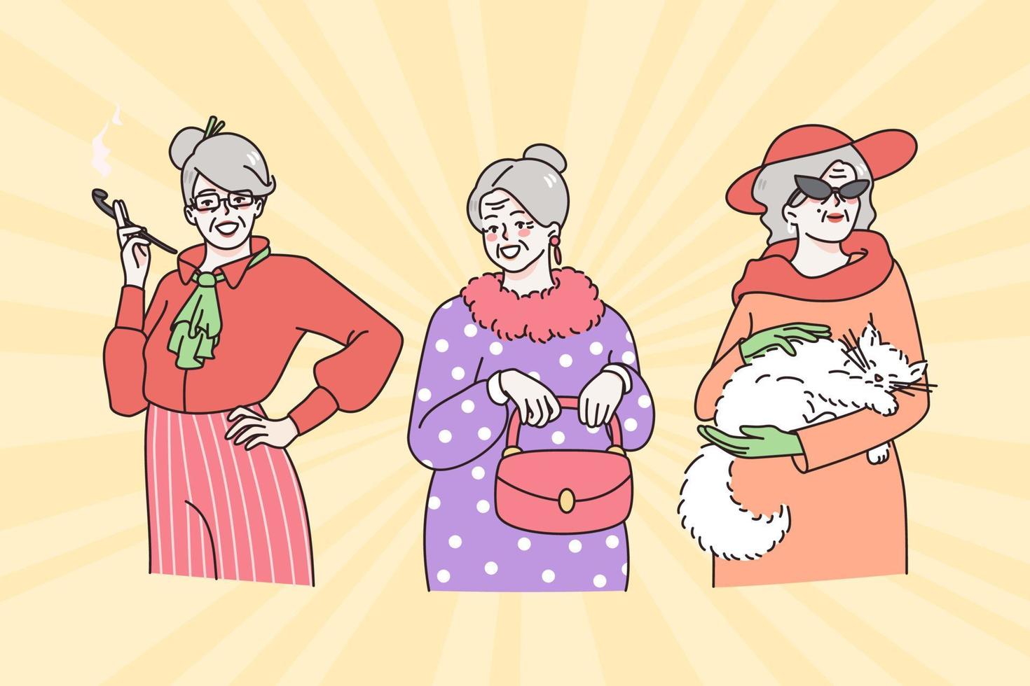 elegante abuelas y antiguo mujer concepto. grupo de maduro gris peludo mujer en elegante ropa en pie y sensación moderno y bonito vector ilustración