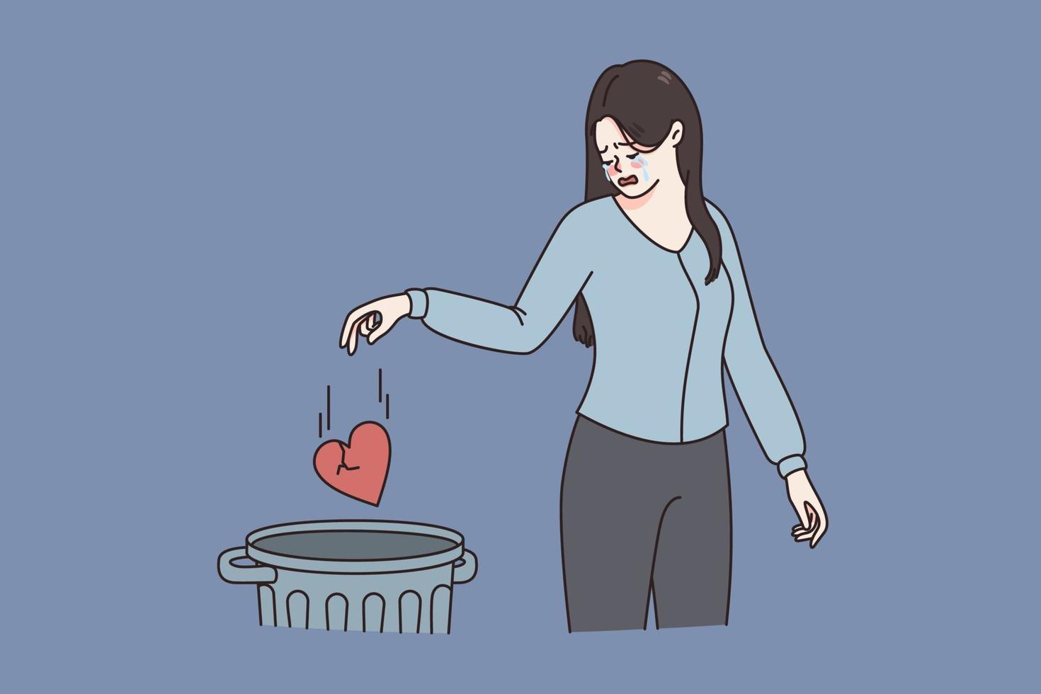 Broken heart ad depression concept. Young sad unhappy disappointed crying woman standing and throwing broken heart into garbage bin vector illustration