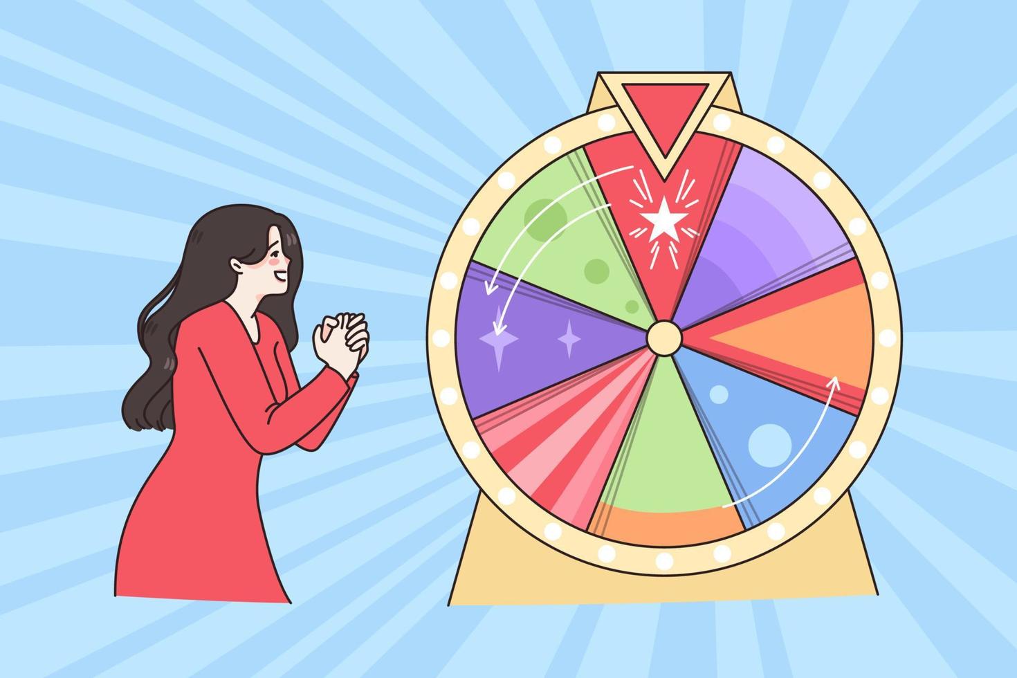 Luck and lottery attraction concept. Young smiling woman standing and crossing fists praying for luck in round circle lottery vector illustration