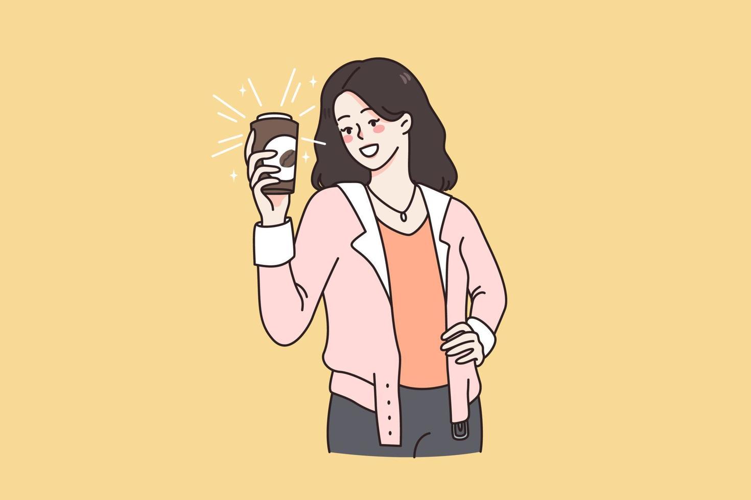 Enjoying tasty coffee drink concept. Young smiling female standing and holding cup of takeaway fresh brewed coffee in hands feeling positive vector illustration