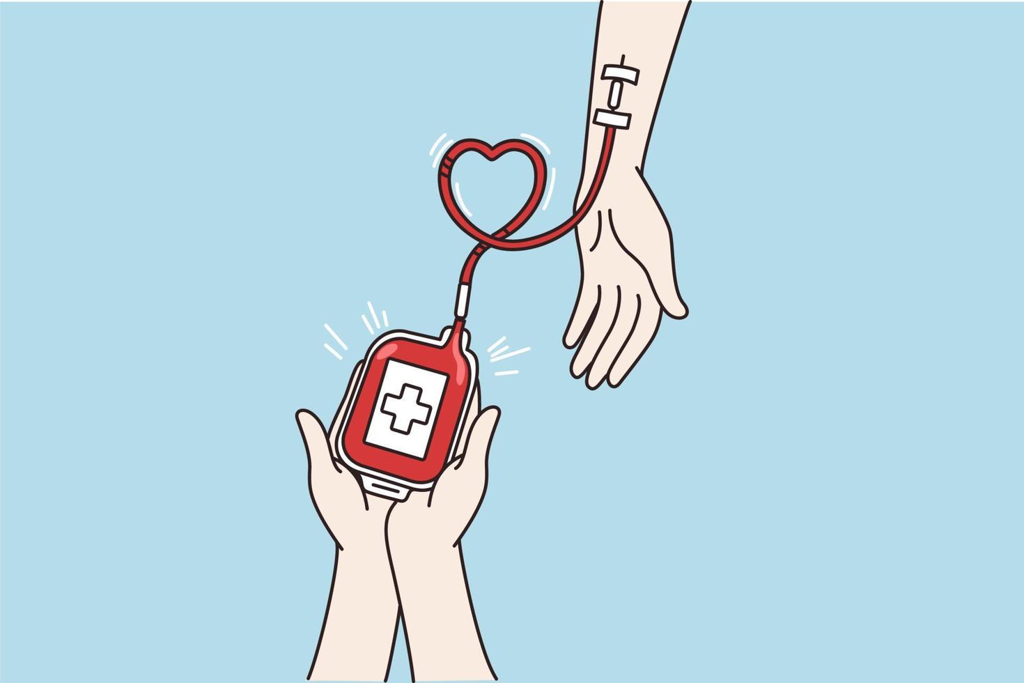 Person voluntarily donates blood to those in need. Bag of blood and hand of donor. International world blood donation day. Healthcare and medicine. Cartoon character, flat vector illustration.