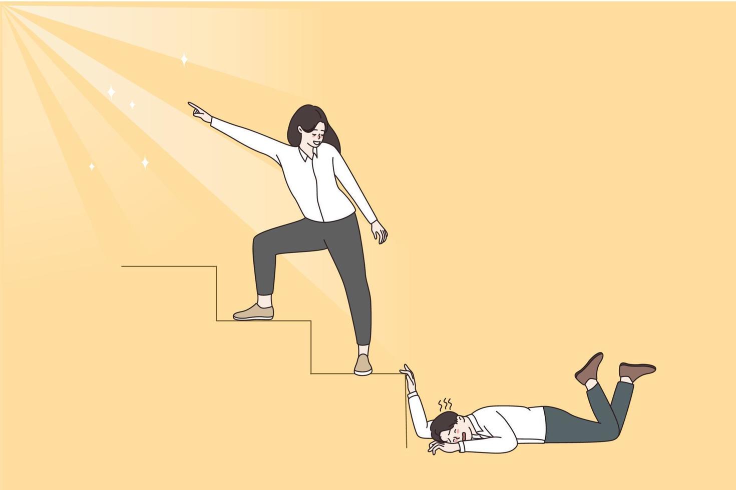 Motivated ambitious happy person reach goal, tired lazy distressed colleague lose hope stay behind. People aim or purpose achievement ways. Weakness and strength. Flat vector illustration.