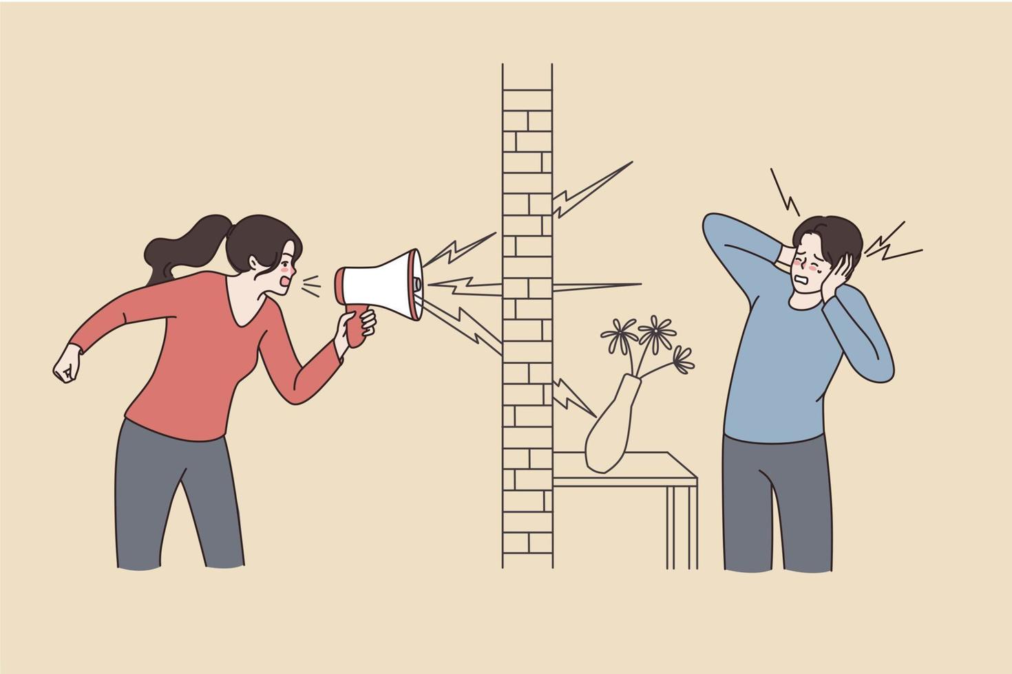 Woman neighbor scram yell in loudspeaker annoy or bother man living next door. Neigbour shouting loud in megaphone to bother flat mate. Housing, renter problem. Flat vector illustration.