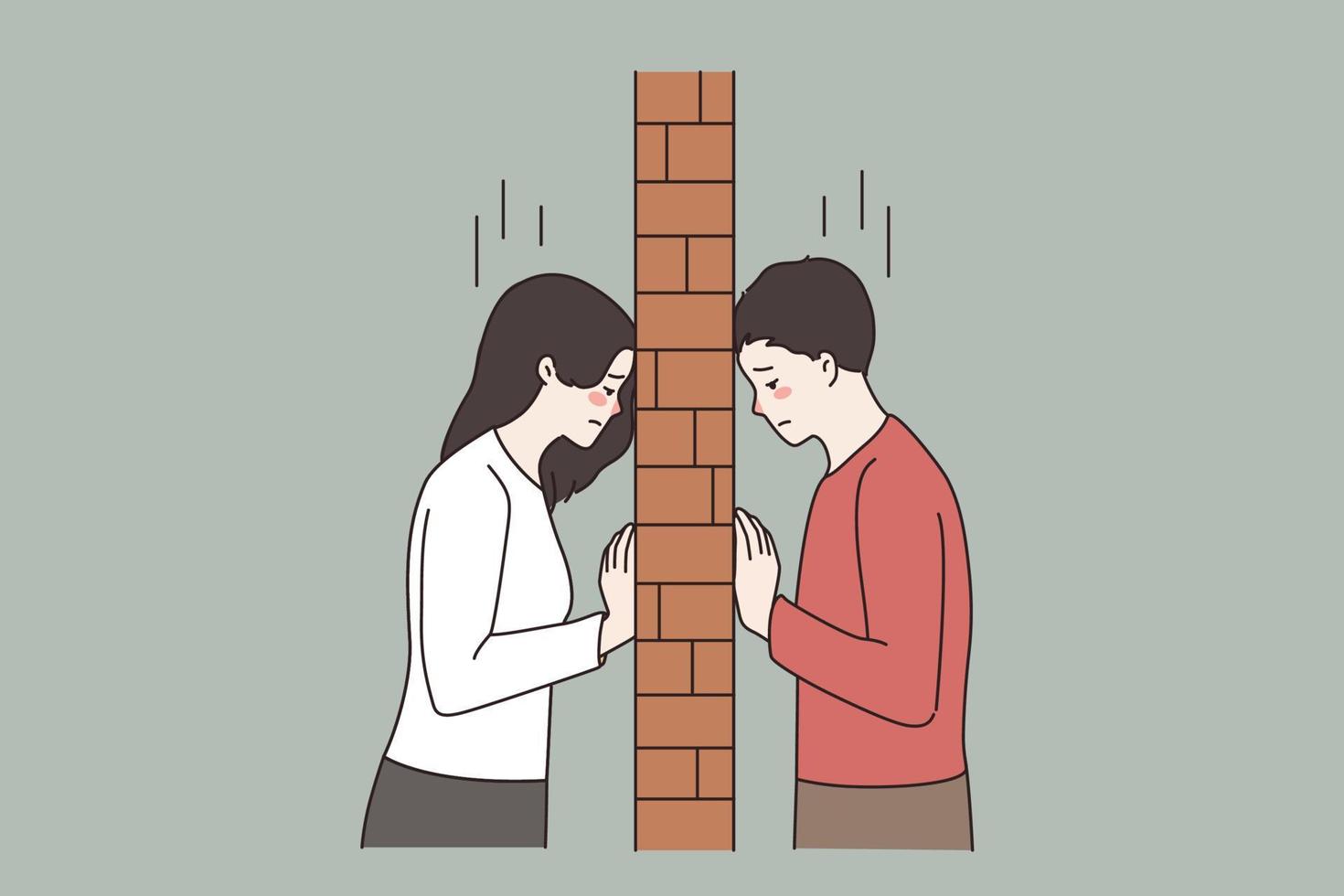 Unhappy young couple separated with brick wall. Upset man and woman lovers divided, have relationship problems. Breakup, divorce, separation. Misunderstanding in family. Vector illustration.