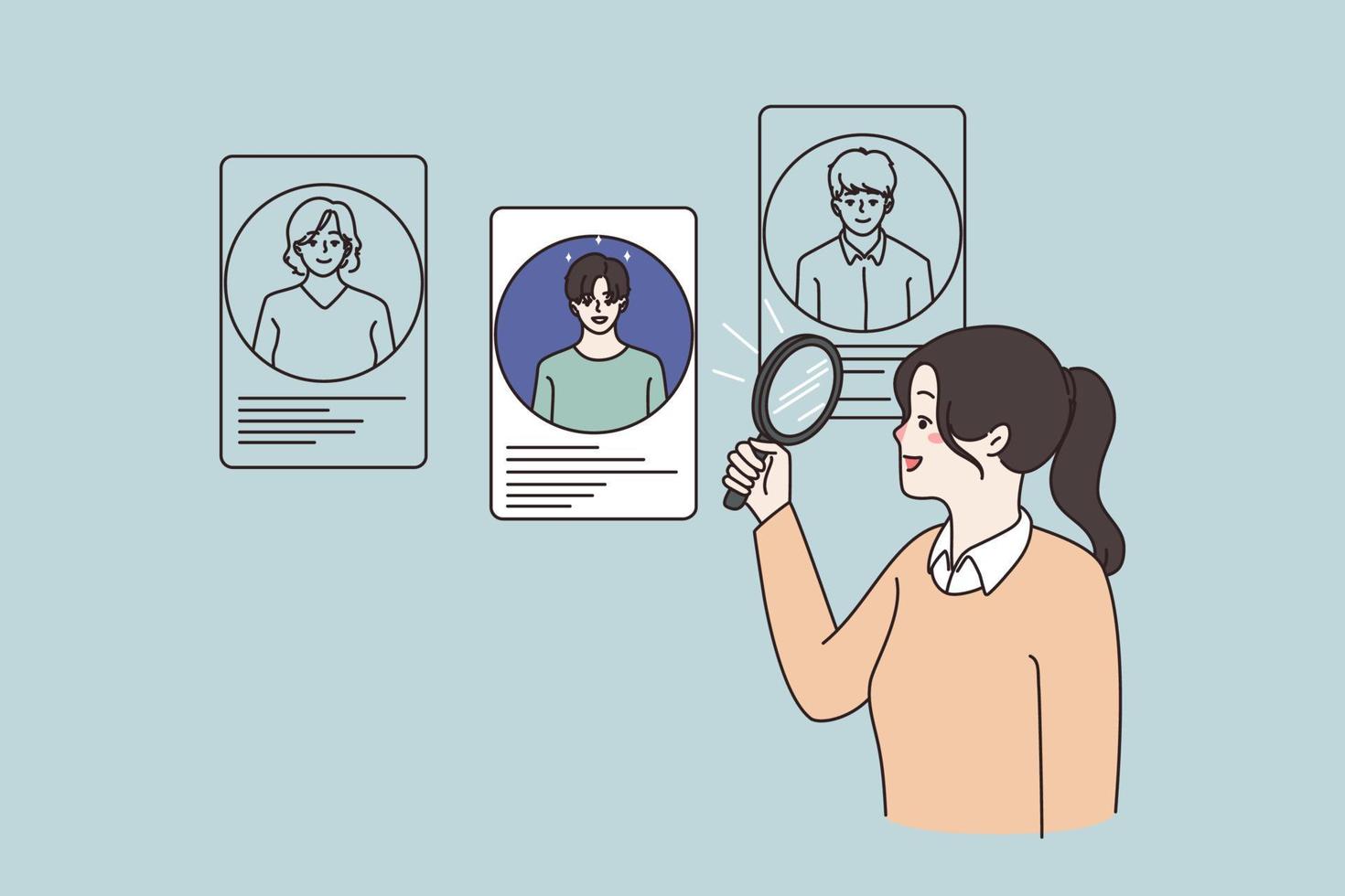 Woman with magnifier glass look at choose among job candidates after interview. Female recruiter hiring staff applicants at vacant position. Employment, recruitment concept. Vector illustration.
