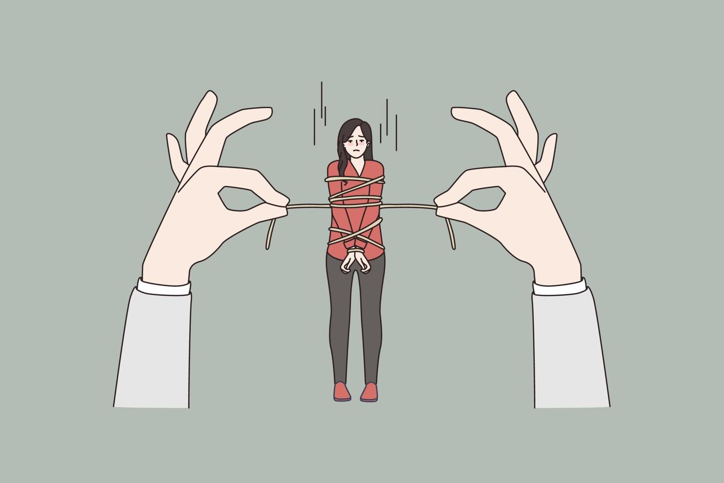 Stressed woman tied with rope by huge hands. Distressed female victim businesswoman confident by obligation or bond. Financial burden, risk. Flat vector illustration, tiny people.