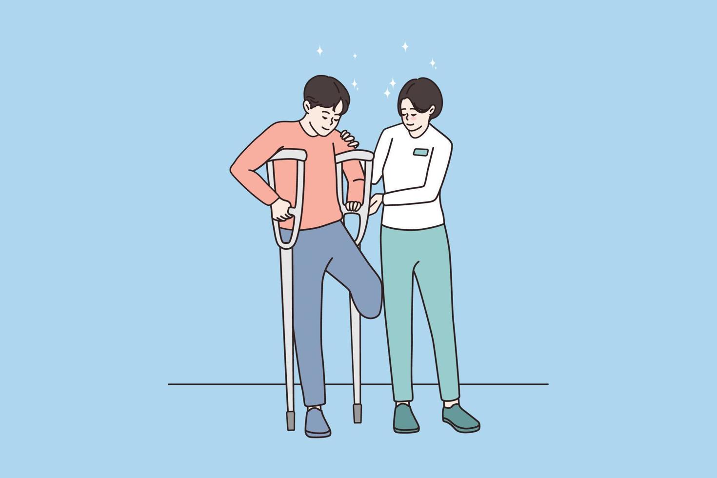 Personal caregiver help man on crutches learn walking in rehab medical institution. Caring nurse work with peron with injury or amputation. Assistance, rehabilitation center. Vector illustration.