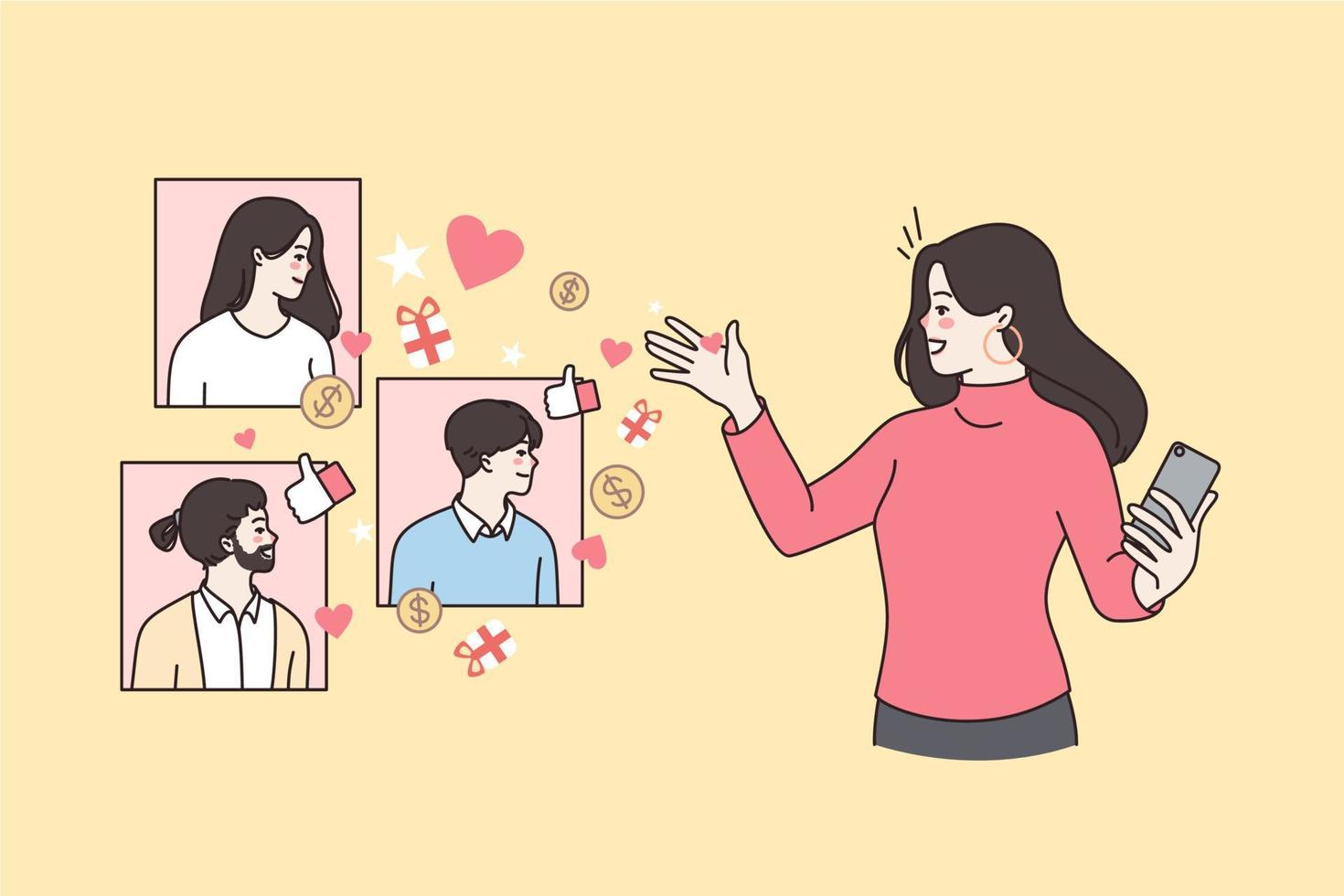 Girl influencer use smartphone earn money online from blogging or making advertising. Smiling woman blogger get likes feedback from subscribers on cellphone. Social media. Vector illustration.