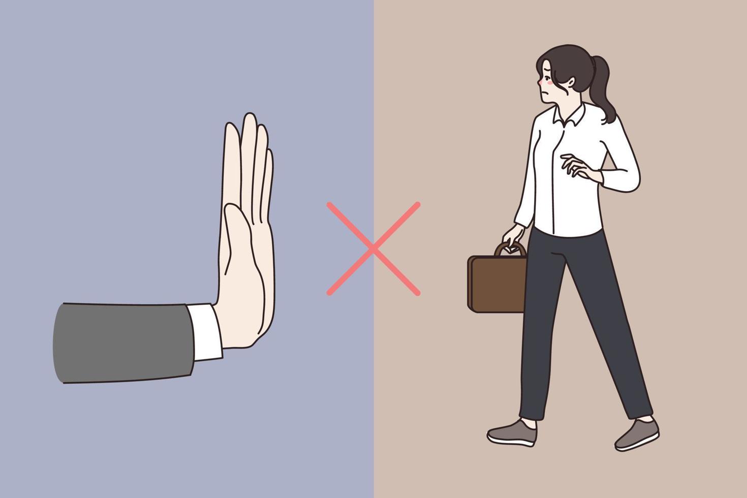 Gender sex discrimination at work. Women employees not allowed discriminate at workplace. Huge hand and female worker. Employment, recruitment problem. Equality. Flat vector illustration.