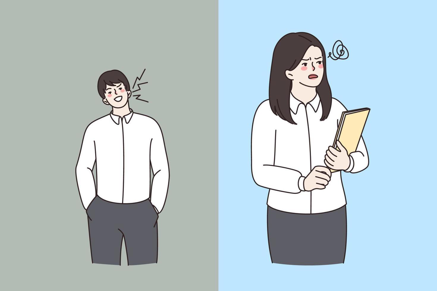 Man employee shout scream rude abusive words to female colleague at workplace. Gender sex gap in office. male worker offend woman coworker. Sexual harassment, discrimination. Vector illustration.