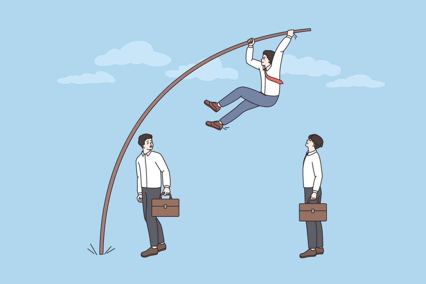 Employee jump using pole vault overcome rivals to reach goal. Man worker succeed from competitors, purpose or aim accomplishment achievement. Success, leadership concept. Vector illustration.