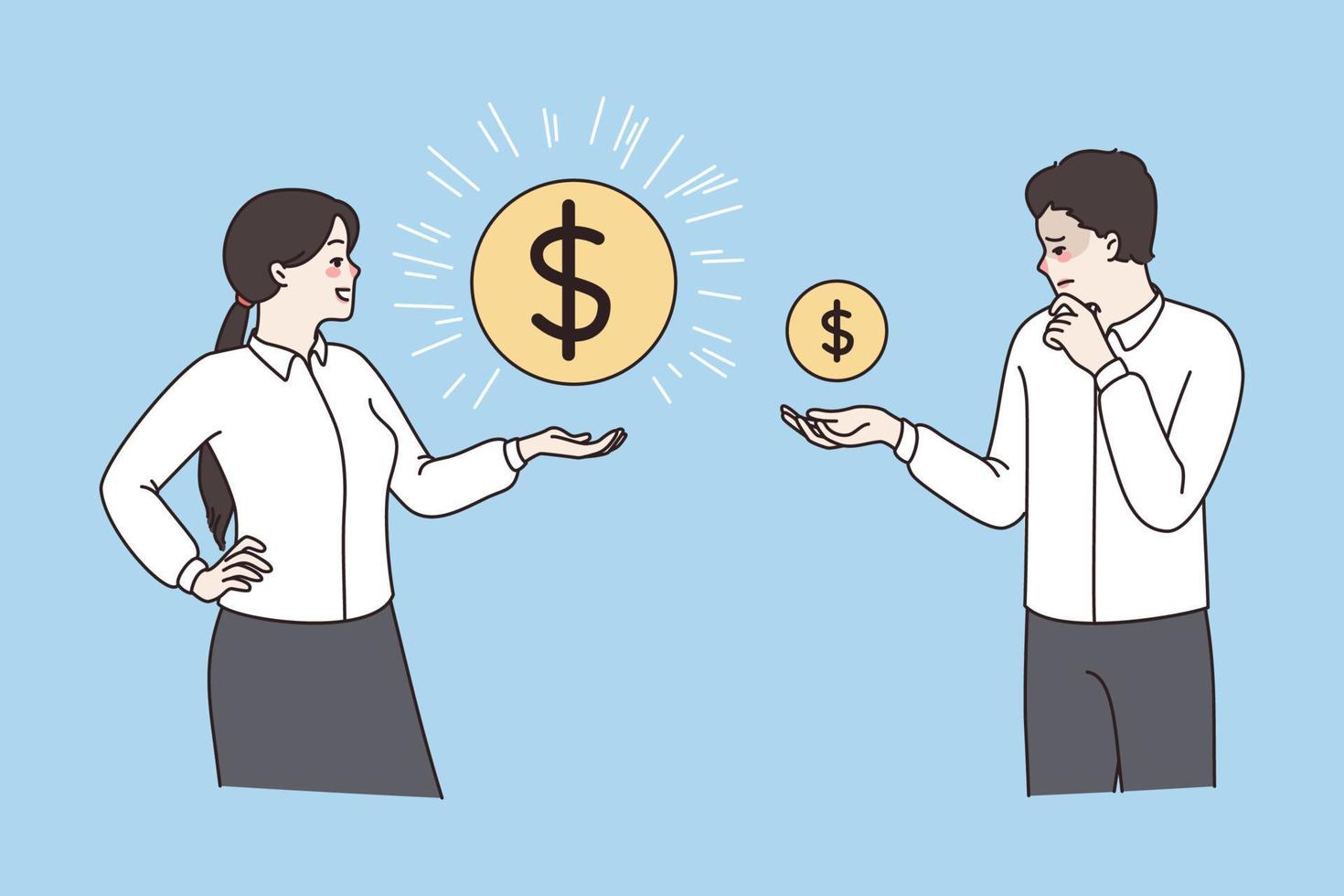 Man and woman hold different dollar coins show salary variation. Employees workers experience wage gap, stressed about money or earnings inequality. Rich and poor. Flat vector illustration.