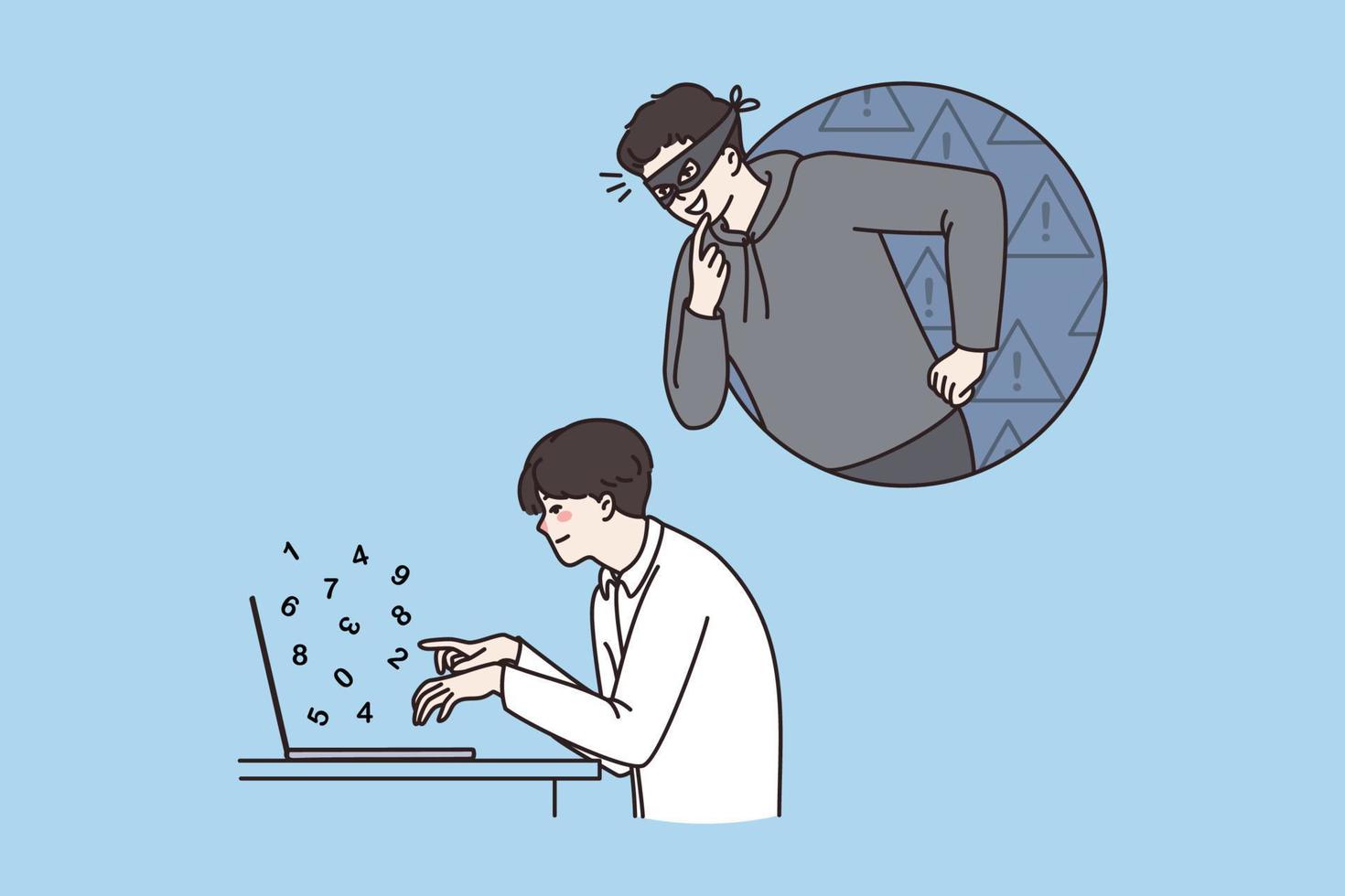 Hacker spy on business employee working on laptop in office online. Thief get personal private information or data from computer worker. Cyber crime, hack, fraud concept. Flat vector illustration.