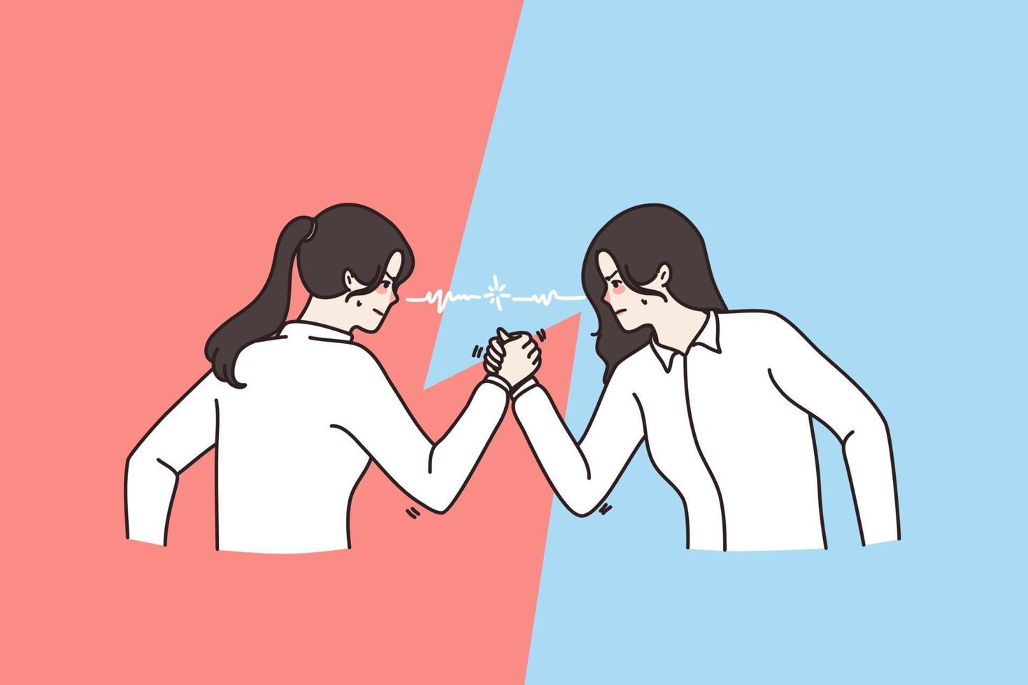 agresivo enojado mujer rivales tener brazo lucha fósforo. furioso decisivo hembra oponentes empleados lucha para liderazgo espectáculo fuerza. pulso, competencia concepto. vector ilustración.