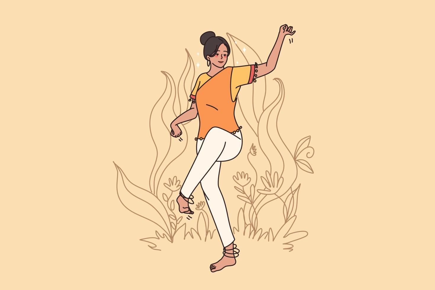 Happy young woman dancer in Indian clothes enjoy traditional dance outdoor in nature. Smiling girl show folk oriental movement gestures. India culture concept. Cartoon character, vector illustration.